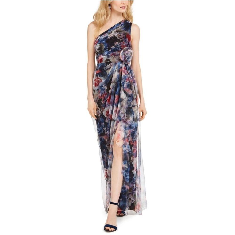 Adrianna Papell NWT one shoulder floral mesh gown wedding guest formal black tie